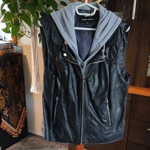 Black Rivet Leather Vest with Gray Hooded Lining